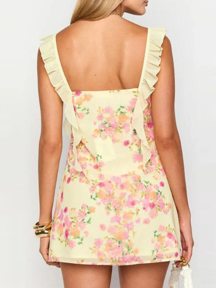 Robe à bretelles à volants, épaules dénudées, Sexy, élégante, imprimé floral, coupe cintrée, courte, mode femmes, dos nu, Mini robe sans manches