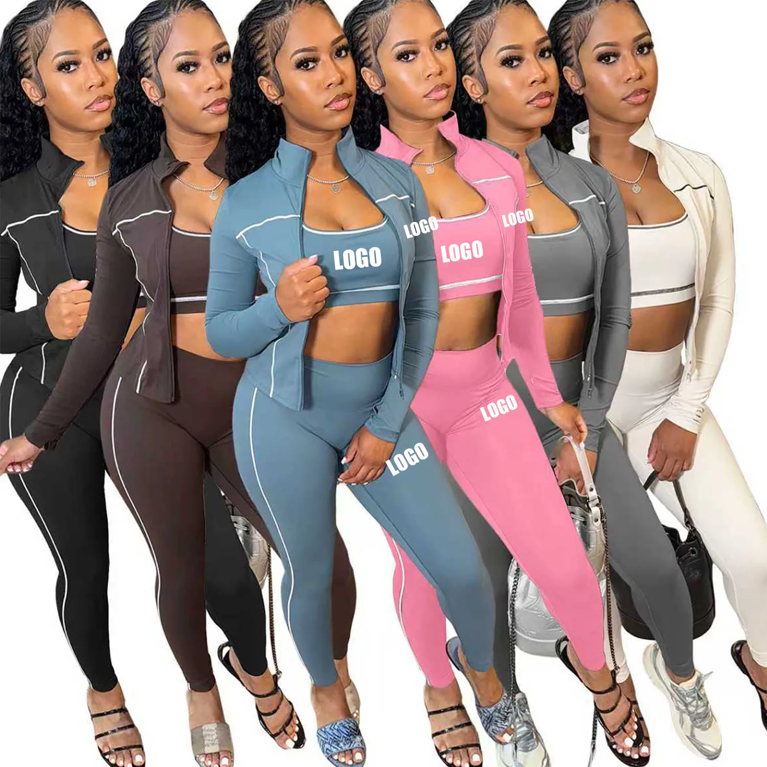 

Customized LOGO women's fashion I-shaped vest zipper thumb buckle long sleeve tight trousers sports and leisure three-piece set