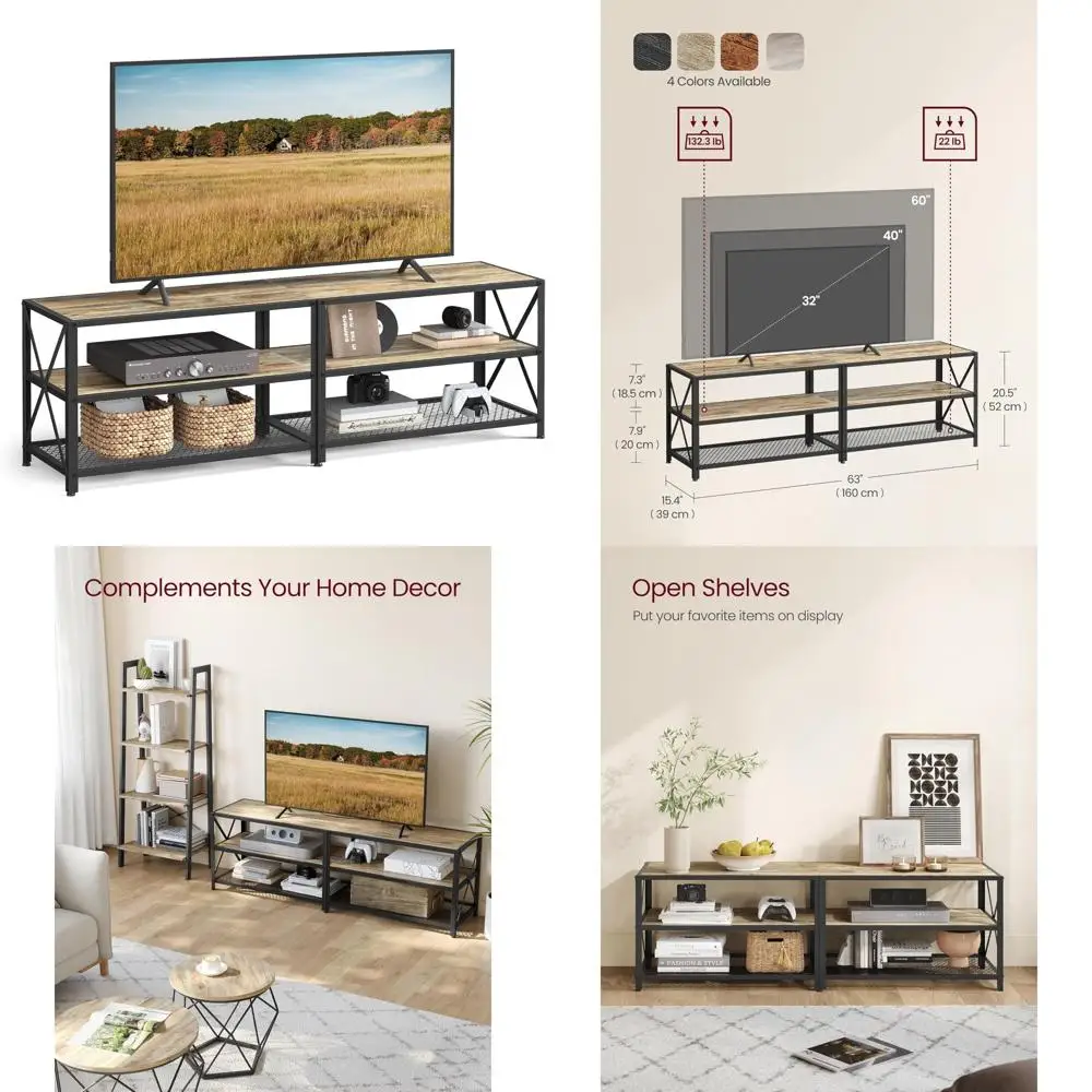 TV Stand Console for 70-Inch TVs, 63-Inch Wide, Storage Shelves, Steel Frame, Modern TV Cabinet