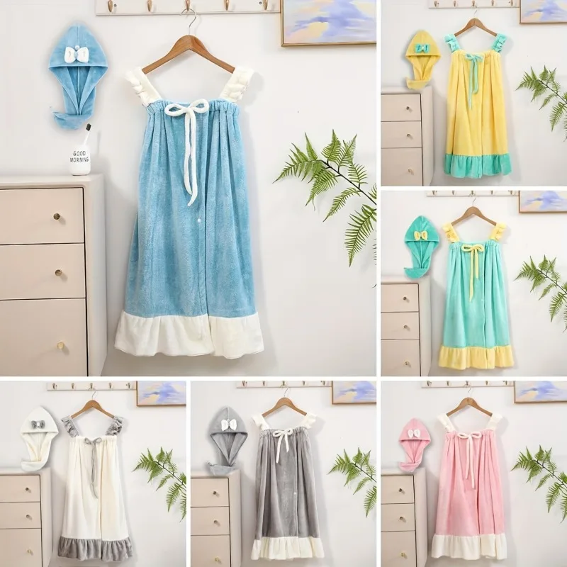 2pcs/set High Density Quick Dry Lint Free Nano Velvet Bath Wrap Girly Sleeveless Long Shower Towel And Hair Drying Cap