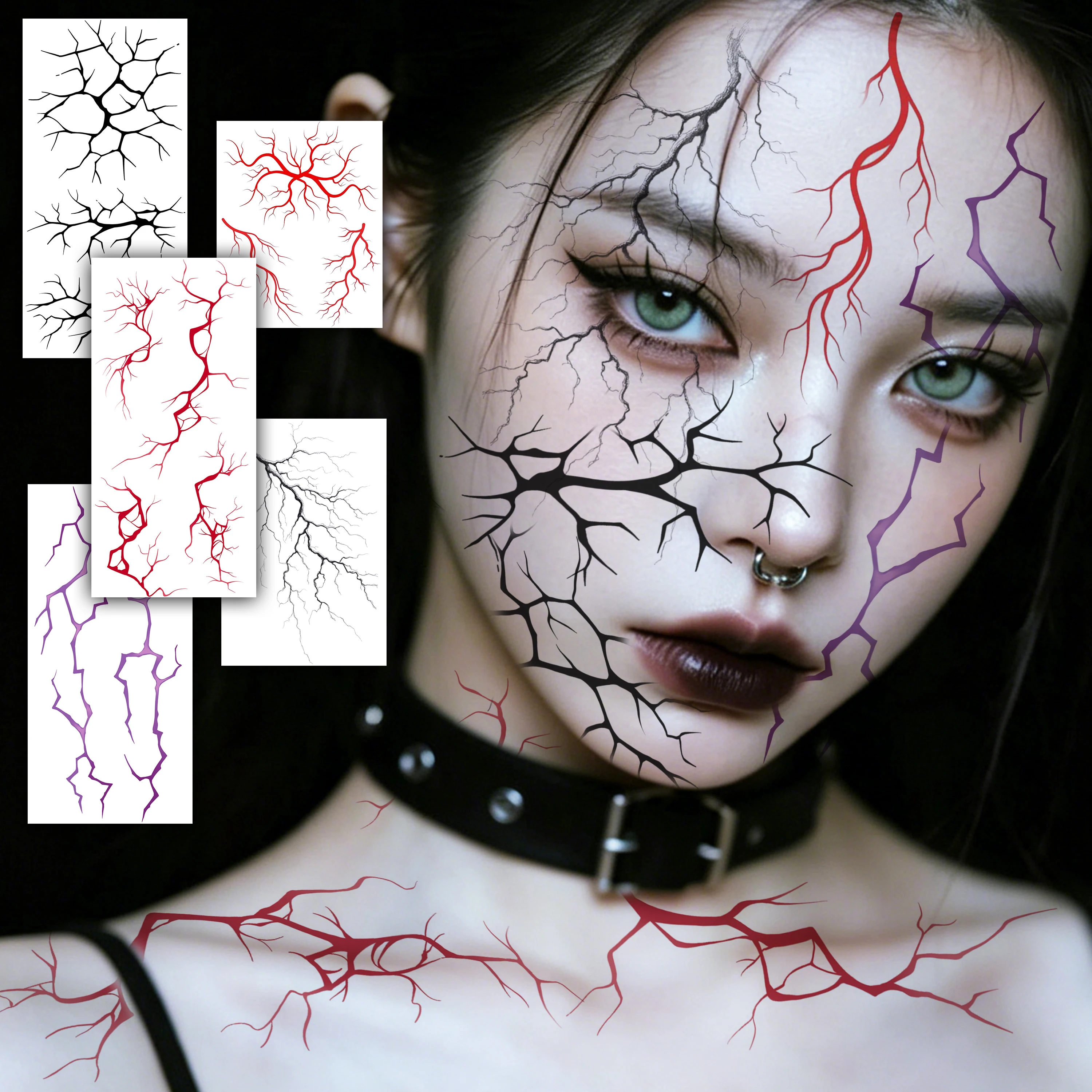 1 Sheet Halloween 3D Thunderbolt Lightning Bolt Temporary Tattoos For Adult, Realistic Crack Blood Vessel Fake Tattoos Last Long