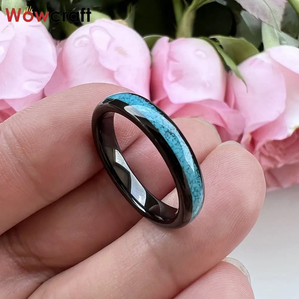 Black Tungsten Ring for Women Men Crushed Turquoise Inlay Domed Fashion Jewelry Engagement Wedding Band