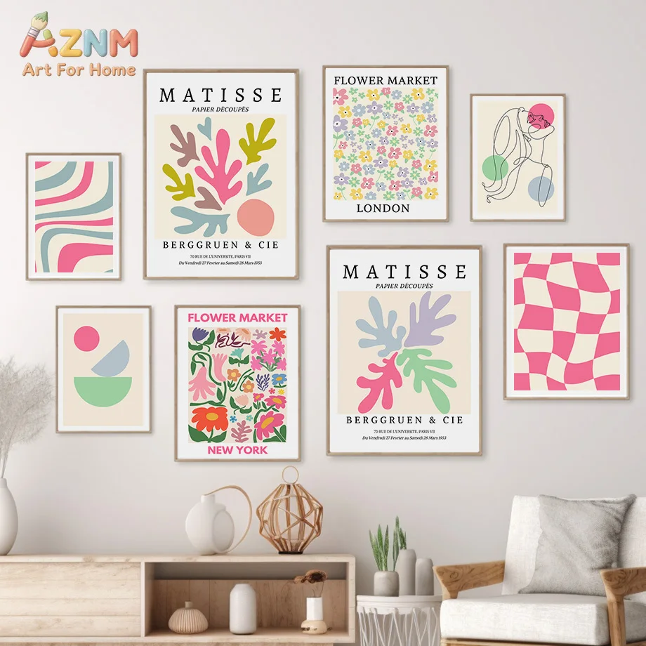 AZNM Pink Matisse Abstract Canvas Wall Art Boho Line Woman Figure Leaf Cutout Geometric Art Print Modern Aesthetic Home Decor Po