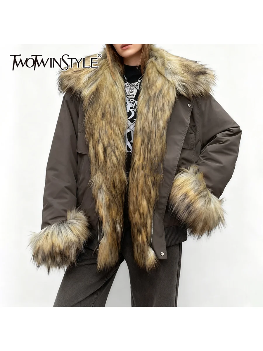

TWOTWINSTYLE Hit Color Spliced Fur Fashion Jackets for Women Lapel Long Sleeves Patchwork Zipper Casual Jacket Female Clothing