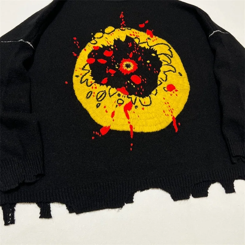 Black Oversized SAINT MICHAEL Men's Sweater Heavy Industry Embroidery Top Quality Cactus Jack CPFM Pullovers