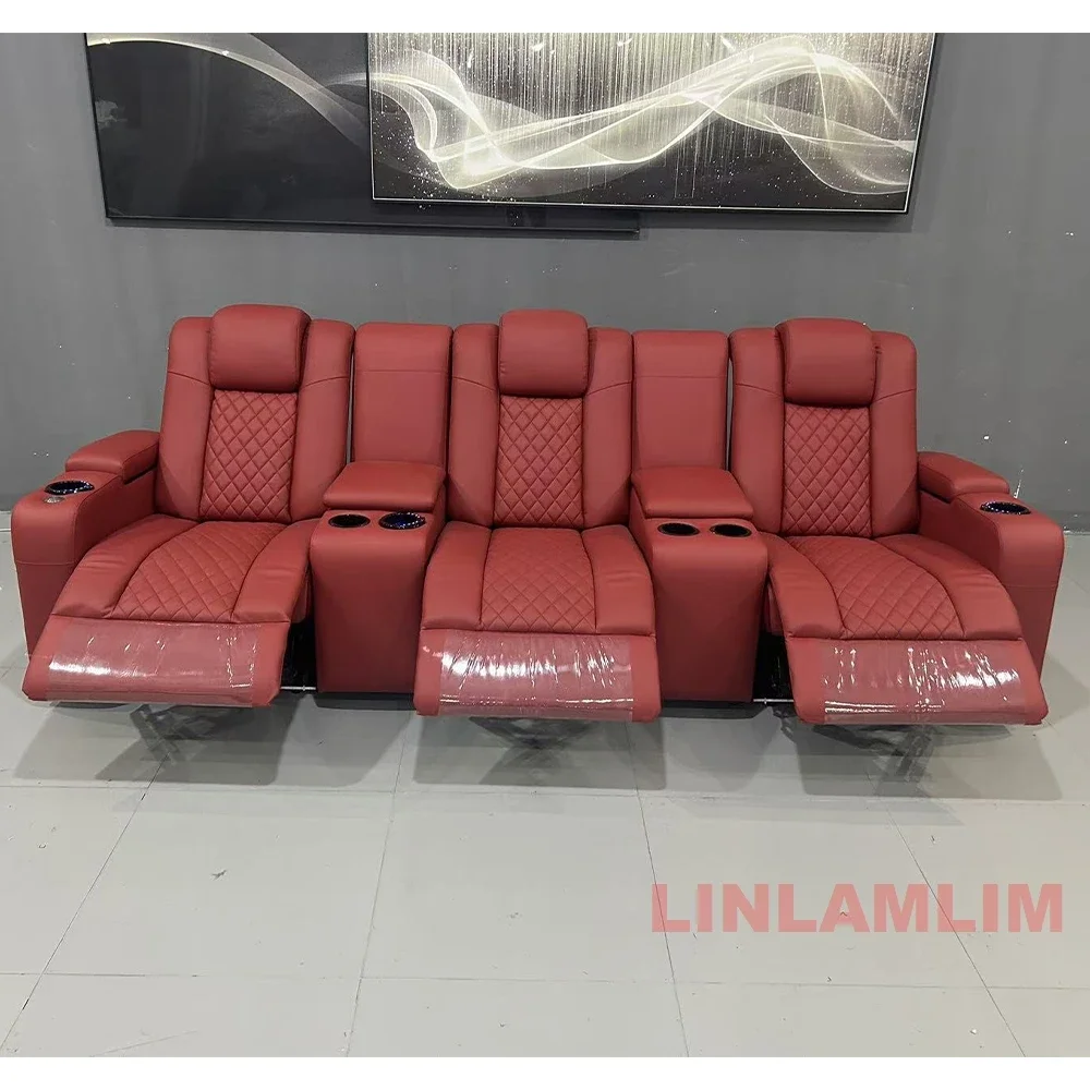 Linlamlim Luxury 3-Seat Recliner Sofa with Cup Holders, Leather Home Theater Seating, Cinema Recliner Couch with Center Console image 2