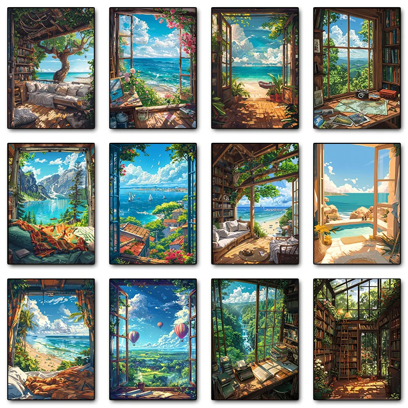 Balcón costero clásico, vista al mar, ventana exterior, colores vibrantes, cartel de playa de campo italiano, pintura en lienzo, decoración del hogar