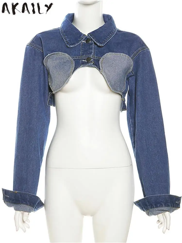 Akaily Fall Blue Denim Patchwork Jacke Setre etwear Freizeit kleidung für Frau Langarm knopf lose Ernte Mode Jacken