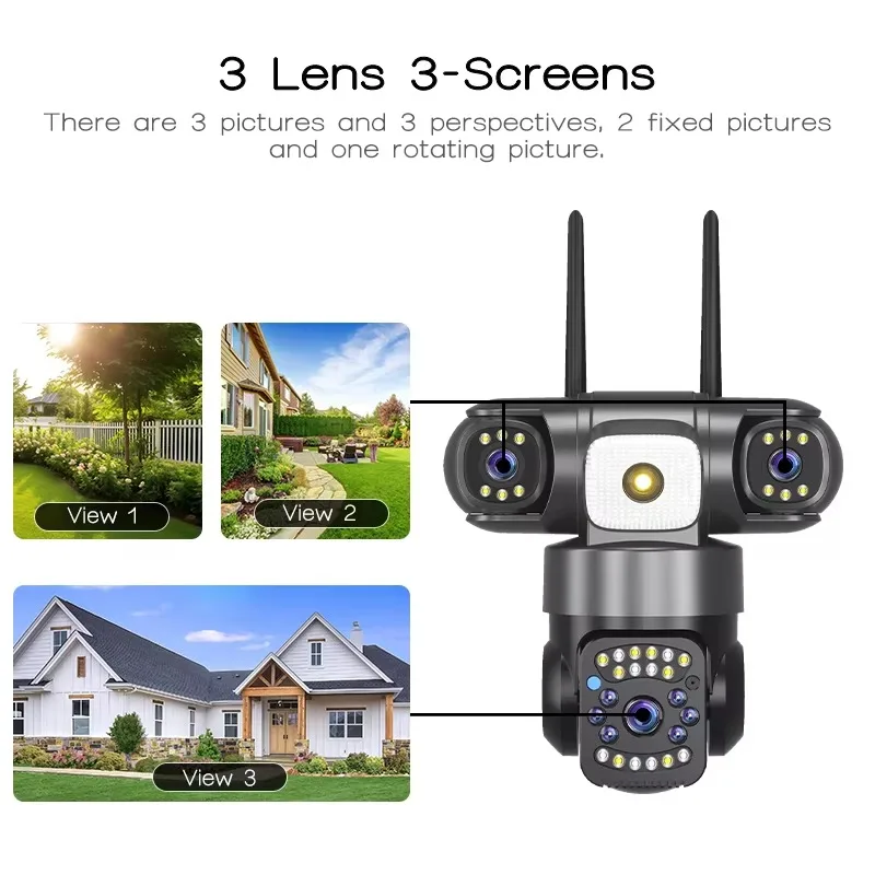 12MP 6K Three Len Three Screen WiFi Camera Outdoor Security Cam PTZ 360° Security Protection CCTV Surveillance Cam V380