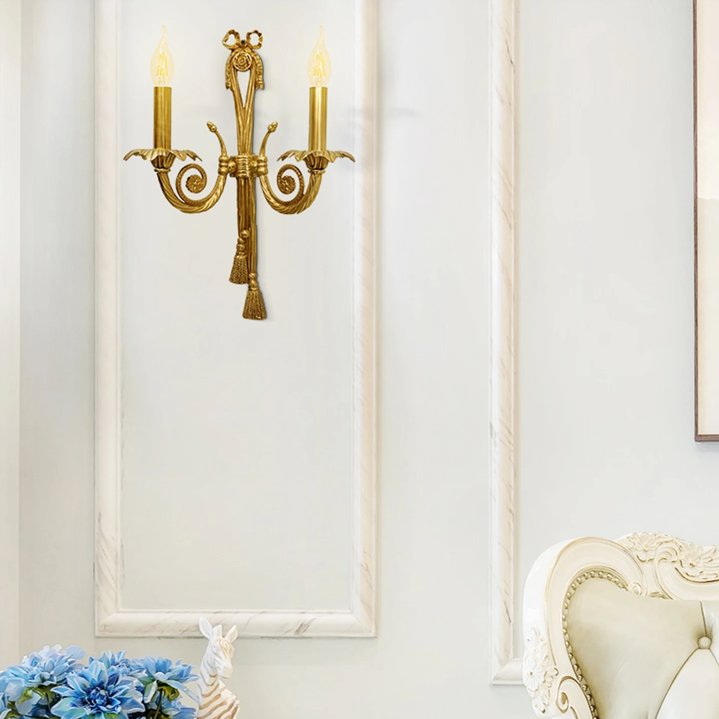 French Neo Classic Living Room Sitting Room Decorative Dewaxed Copper Wall Lamps European Aisle Foyer Double Candle Wall Lights