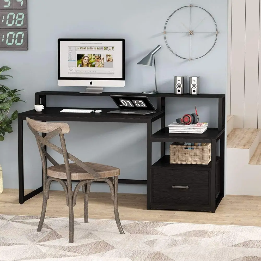 

Computer Desk with File Drawer and Storage Shelves, 60 inch Modern Large Home Office Desk