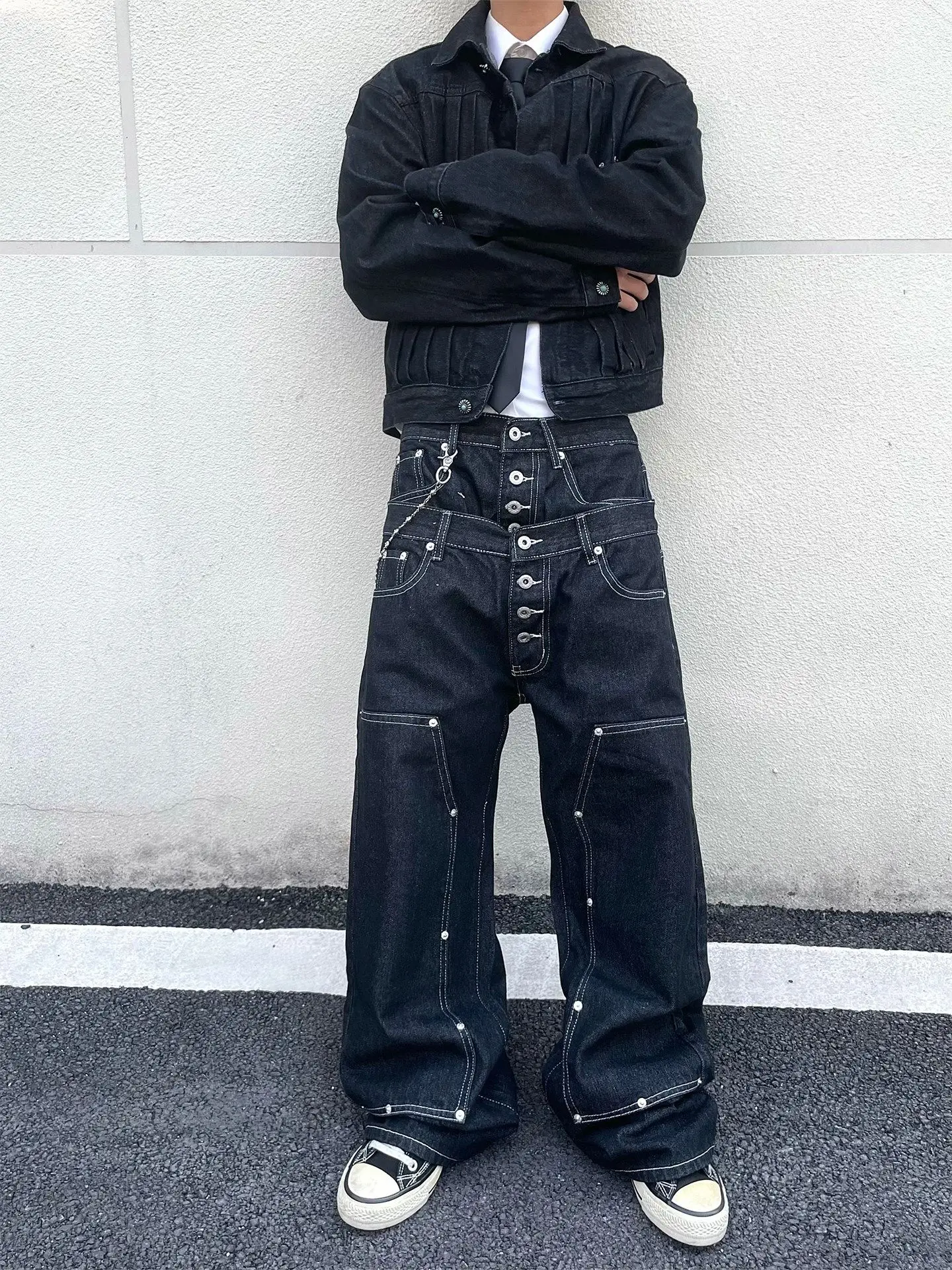 Men's Fake Two Piece Double Waist Design Jeans Single-breasted Sweatpants Street Bottom Boy Casual Pant Male High Waist Trousers