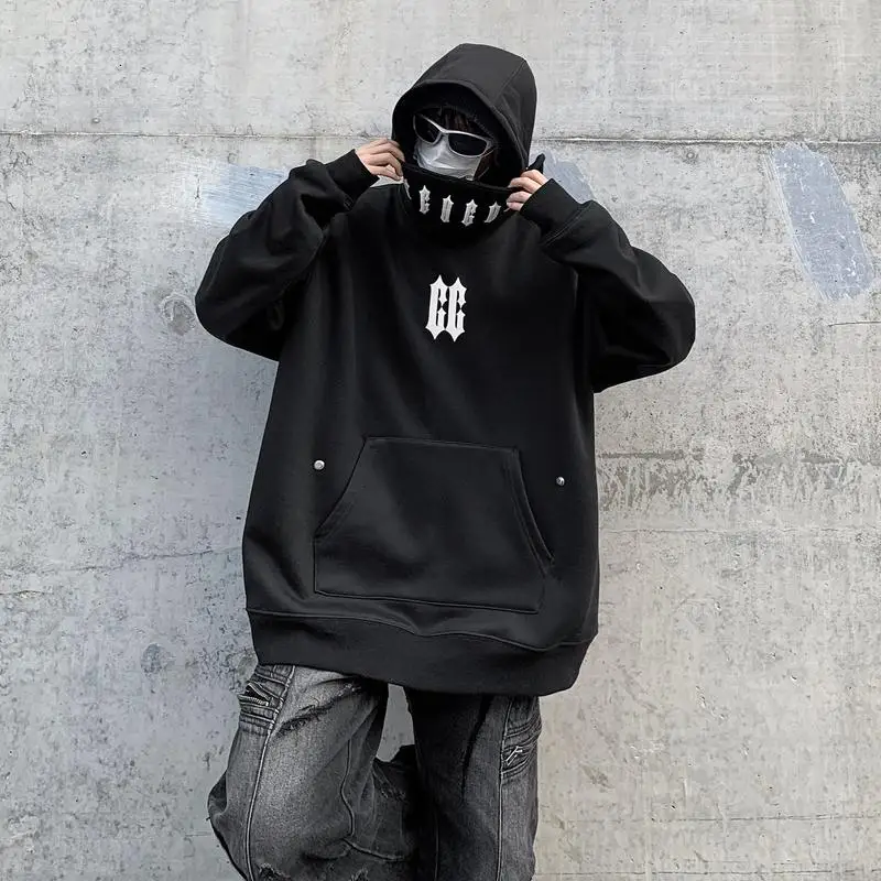 

Men Hoodies Neckerchief Detachable Hip Hop Streetwear Harajuku Sweatshirt Loose Oversize letter Zippers Pullover Hooded Owen