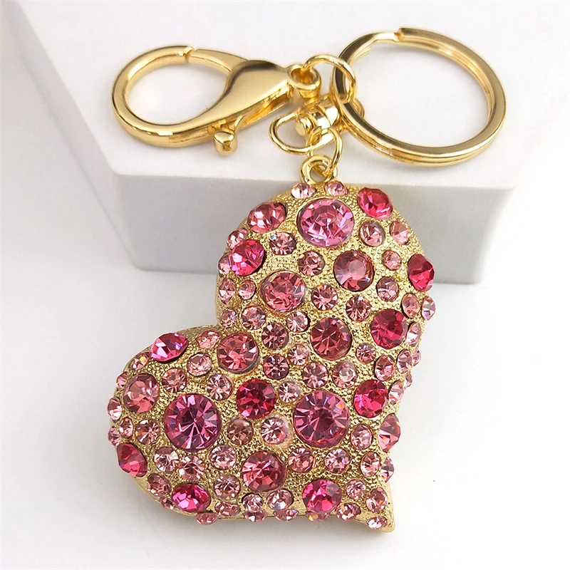 Pink Crystal Sparkling Heart Key chain for Women Exquisite Sweet Alloy Rhinestone Keyring Car Bag Accessories Jewelry K9233S04