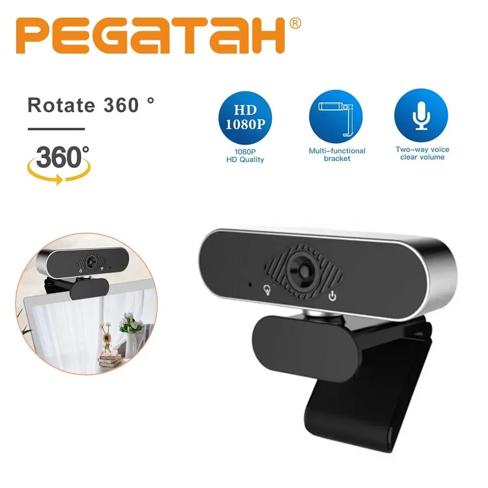 PEGATAH Webcam USB Cameras with Rotatable 360° Built-in Dual Mics Smart Full HD Webcam for PC Laptops Multi Functional Bracket