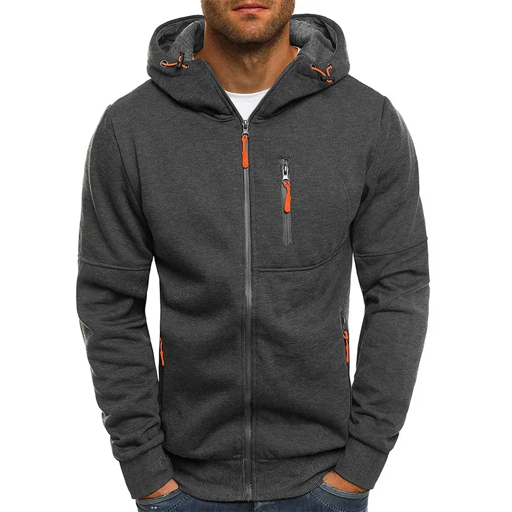 Men's Dark Grey Full Zip Up Hoodie Contrast Orange Zipper Accents Multi-Pocket Workwear Style Casual Jacket Autumn Winter Warm F