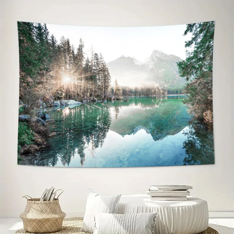Large Nature Tapestry Wall Hanging Aesthetic Lake View Mountain Forest Mural for Living Room Decor Boho Wall Art Print