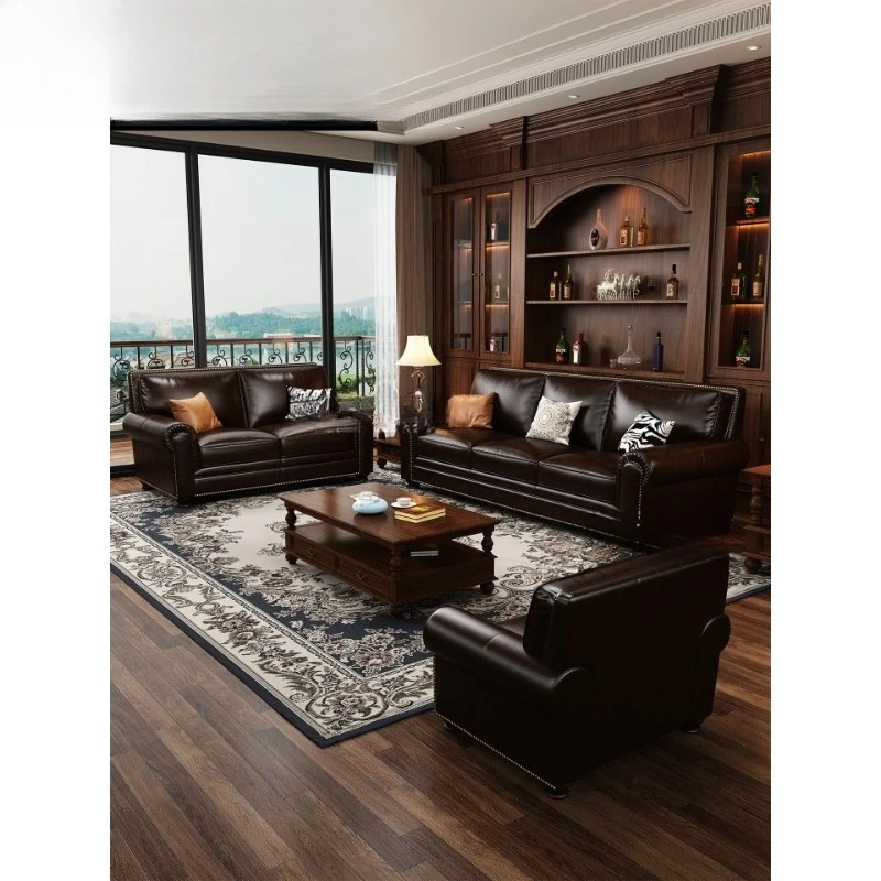 Американский стиль, ретро, масляный воск, кожаная мебель для гостиной, виллы, первый слой воловьей кожи, прямой ряд, диван для трех или четырех человек