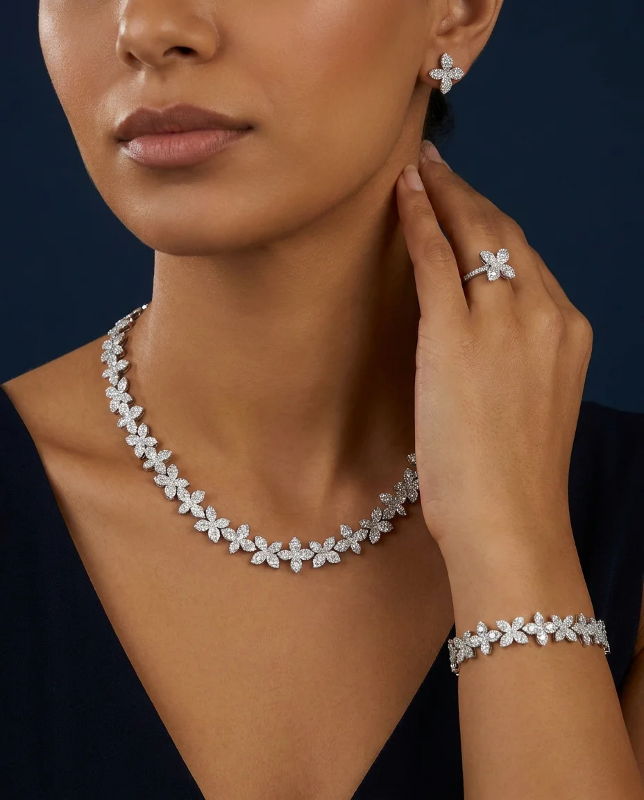 Bride Talk Stunning 4PCS Floral Clover CZ Zirconia Jewelry Collection Dubai African Bridal Wedding Engagement Party Accessories