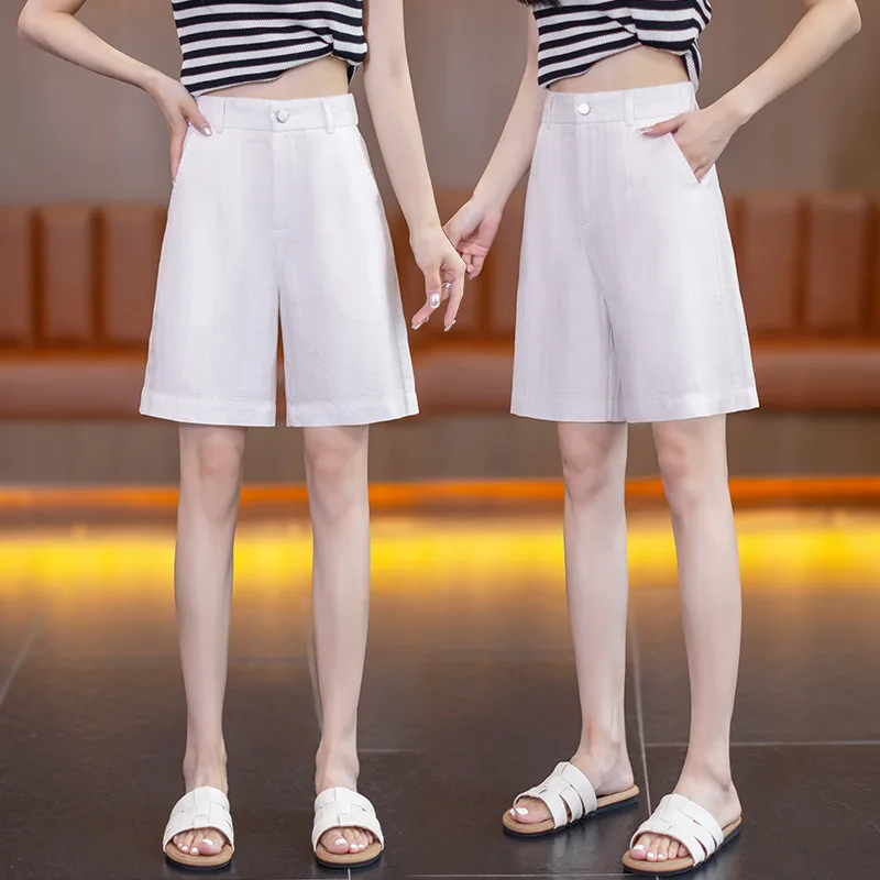 خفيفة الوزن الكتان ملابس خارجية السراويل عارضة مستقيم المرأة السراويل الصيف فضفاضة السراويل الساخنة ثنيات السراويل خمس نقاط