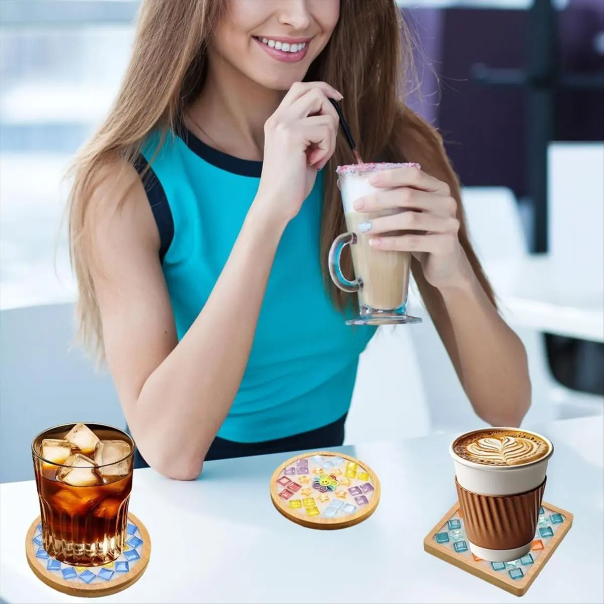 T32C New Mosaic Tiles for Crafts,Mixed Color Glass Mosaic Kits with Wooden Coaster for Adults,for Handmade Home Decoration