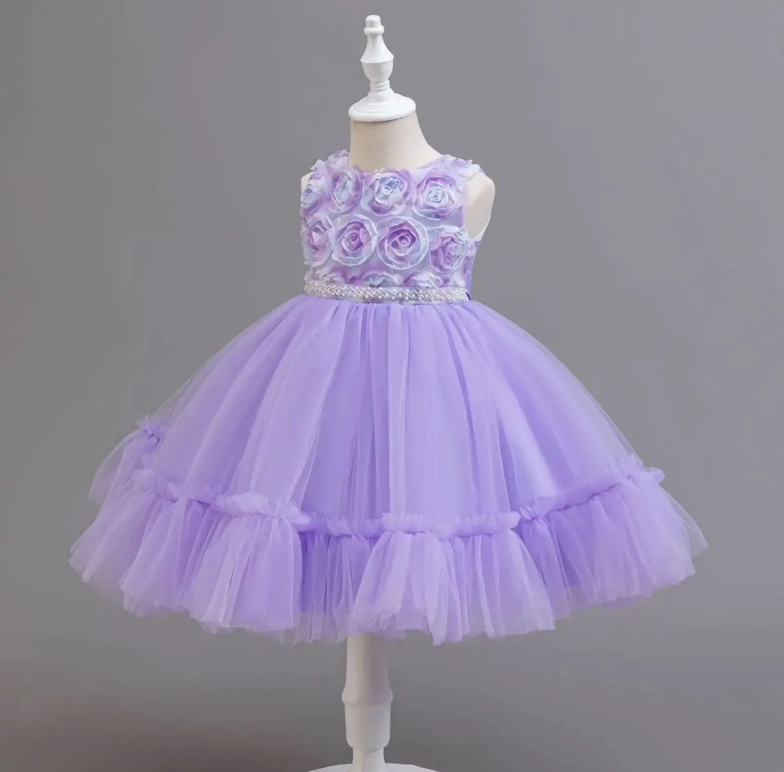 Girl Party Dress with Flowers Performance Kid Girly Dresses Child Puffy Clothes Purple Tutu