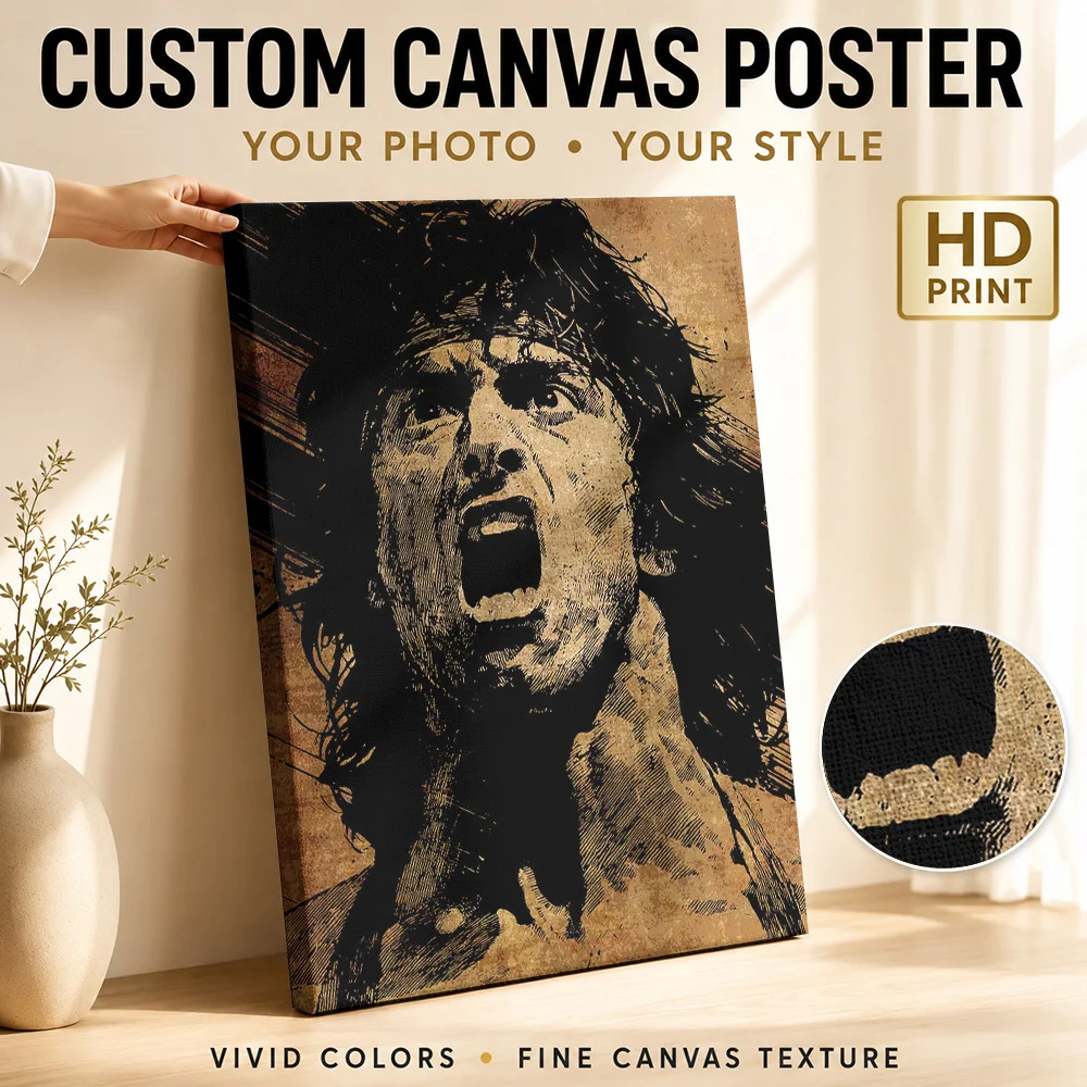 Rambo Shouting Close Up Canvas Poster Personalized Photo Distressed Sepia Illustration Wall Art For Media Lounge Film Fan Gift