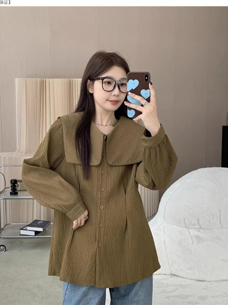 

Spring and Fall New Peter Pan Collar Blouse Women‘s Mid-Length Loose Fit Solid Color Casual Long Sleeve Elegant Shirt