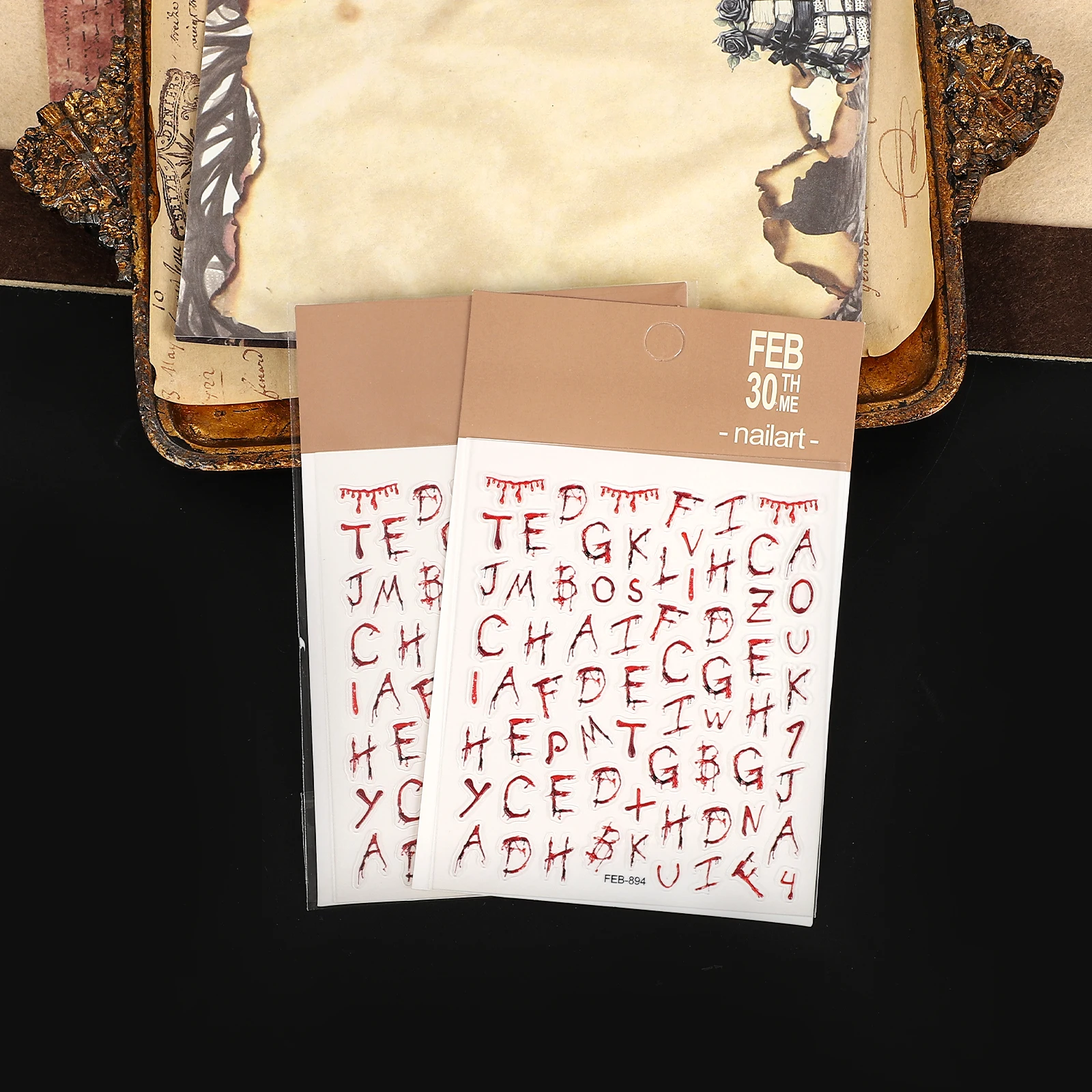 2 Pcs/set Vintage Horror Letters Landscape Devil Pumpkin Nail Patch Sticker Creative DIY Journal Material Collage Stationery