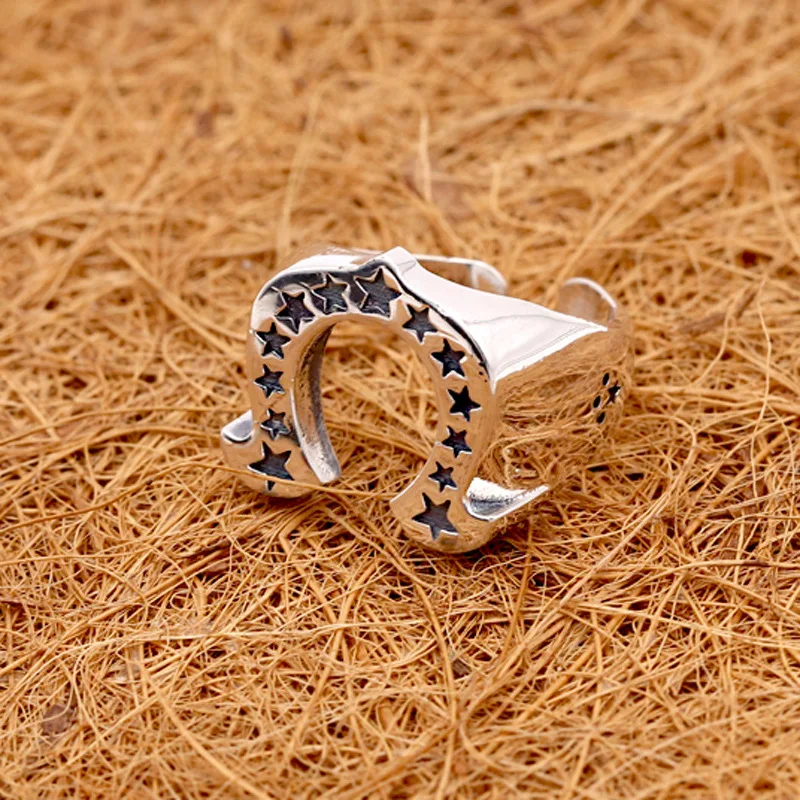 Punk Euramerican Sterling Silver Star Ring Index Finger Ring Horseshoe Five Point Star Live Mouth Chaoren Personality Ring Femal