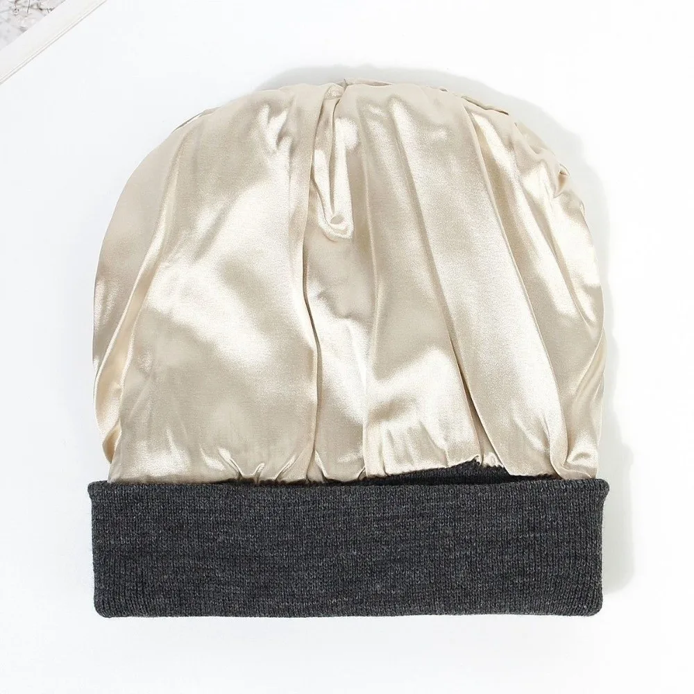 New Satin Satin Lined Beanie Cap Anti-Static Double Layer Winter Hat Knit Construction Slouchy Beanie Winter Wear