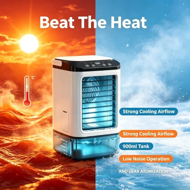 Rechargeable Air Cooler Mini 900ml Tank 3-Speed Evaporative Desk Fan with 7-Color Night Light Humidifier for Bedroom Travel