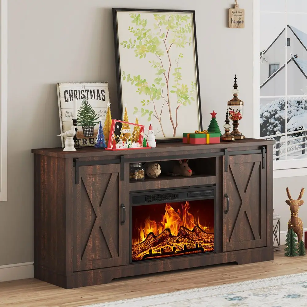 

Fireplace TV Stand with Sliding Barn Door for TVs up to 73, Farmhouse 63 Fireplace Entertainment Center with Storage Cabinets A
