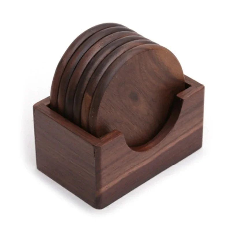 6Pc/Set Wooden Coasters Set Black Walnut Solid Wood Round Table Mat Heat Insulation Pad Box Bottom Holder Kitchen Table