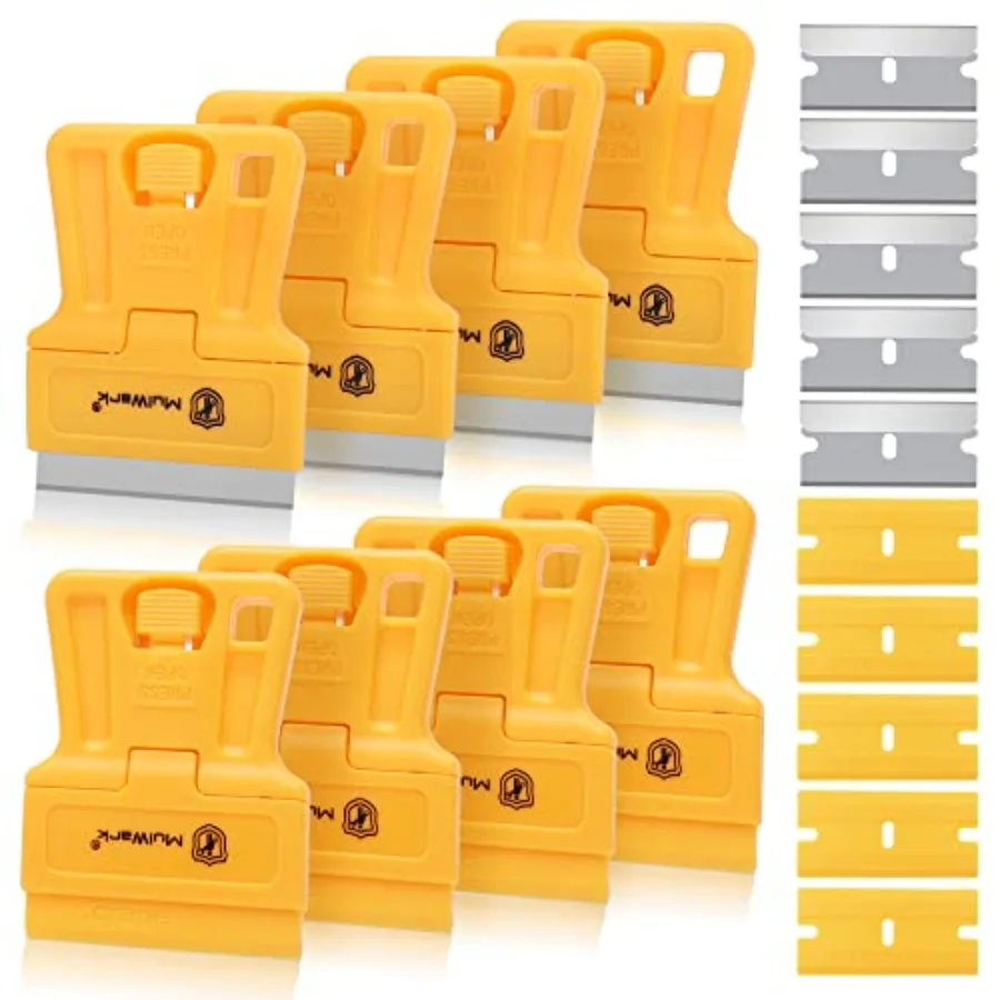 

8 упаковок мини-пластиковых скребков с 5 пластиковыми и 5 металлическими лезвиями для удаления краски, чистки окон, печи для обслуживания поверхности стекла