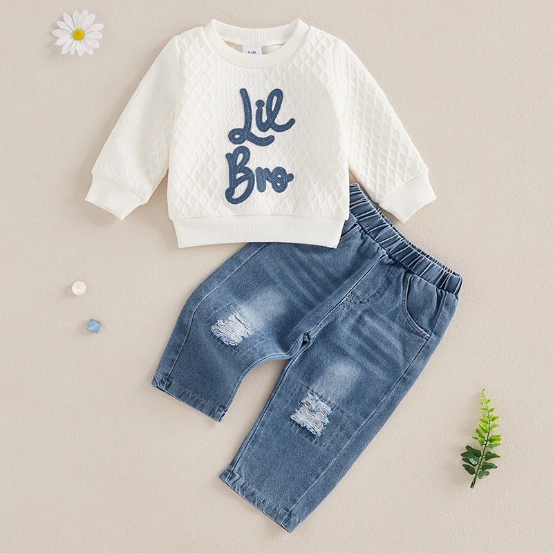 

Suefunskry Baby Boy Fall Outfit, Letter Embroidery Long Sleeve Sweatshirt Elastic Waist Ripped Denim Pants with Pockets