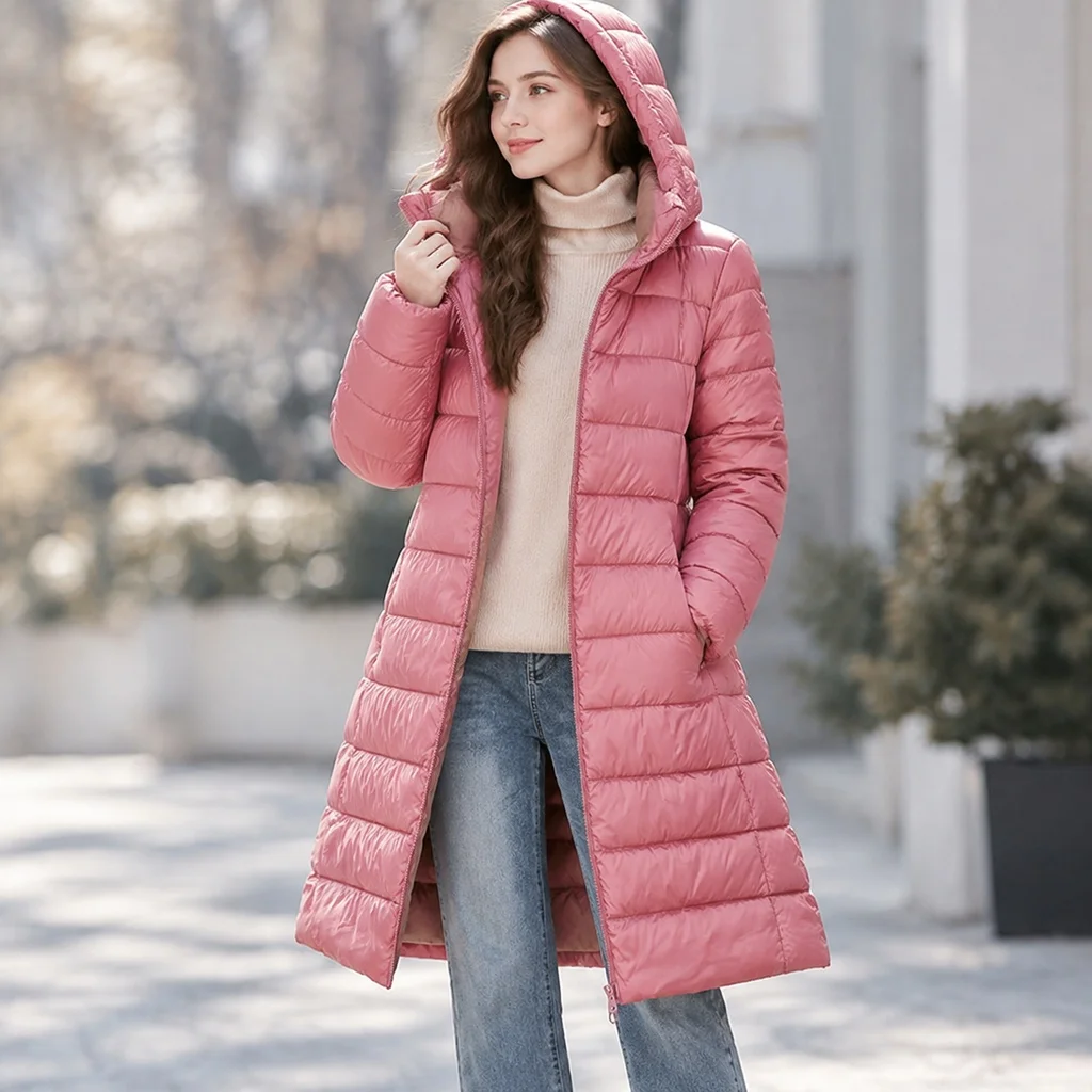 Slim Fit Hooded Hat Mid Length Casual with Japanese and Korean Casual Detachable Hood Long Length Lightweight Women Winter Coat