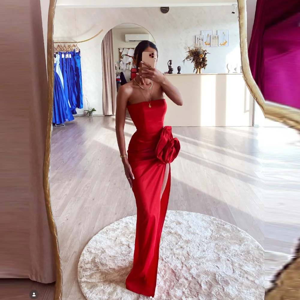 

Customized Fashion Red Strapless Prom Gowns Satin Sexy Bodycon Sheath Party Dresses High Slit Flower Draped Wedding Dress