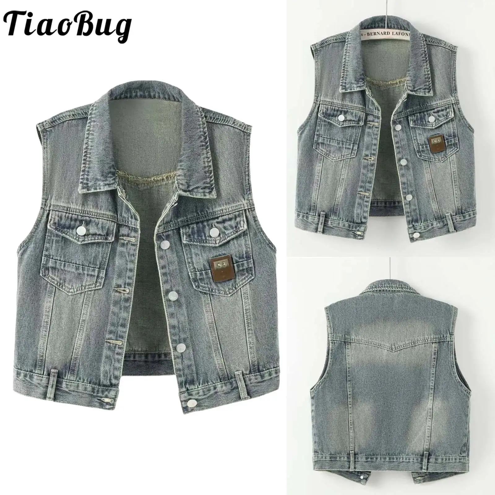 Women Stylish Distressed Lapel Denim Vest Sleeveless Chest Pockets Front Button-down Tank Top Jean Jacket for Daily Casual