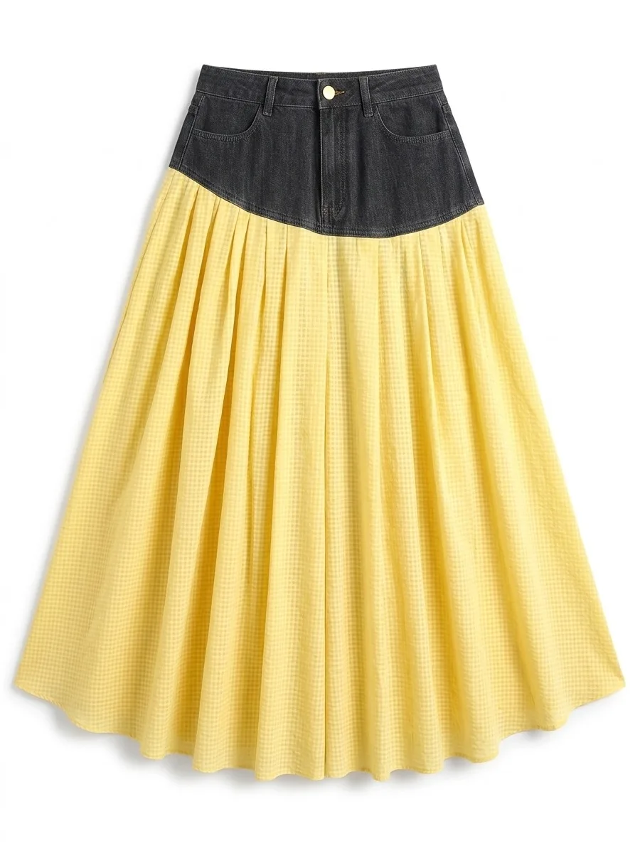 Bonboho Women Yellow Gingham Denim Waist Patchwork Maxi Skirt High Waist A Line Flared Casual Vintage Streetwear Long Skirt