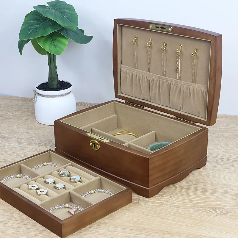 Luxury Retro Solid Wood Jewelry Box 2 Layers Large Capacity With Lock Removable Dividers Necklace Hooks Jewelry Organizer Gift