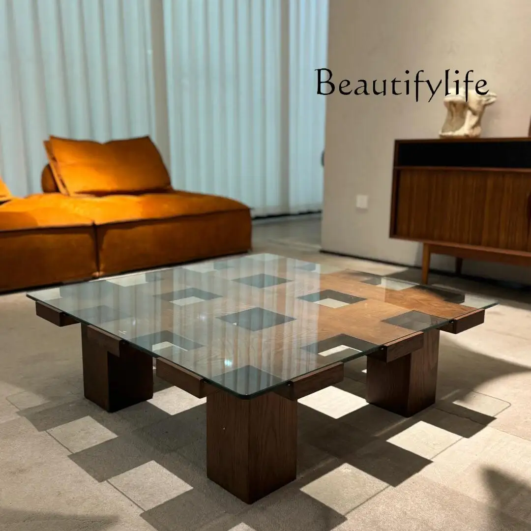 

Italian minimalist glass coffee table solid wood walnut color living room home designer light luxury high sense