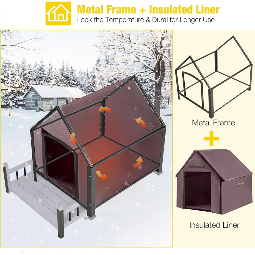 Casa para perros al aire libre con estructura de metal, perrera para perros aislada al aire libre para raza pequeña a mediana, 45" resistente a la intemperie