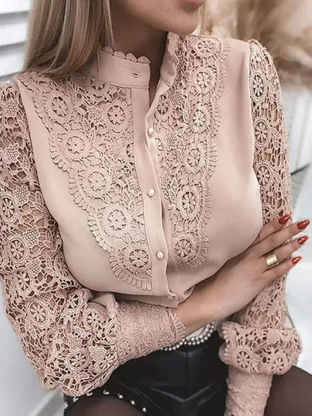 

Новая весенняя женская блузка с круглым вырезом, кружевными вставками и ажурным цветочным узором, с длинными рукавами, в европейском стиле, прямого кроя.