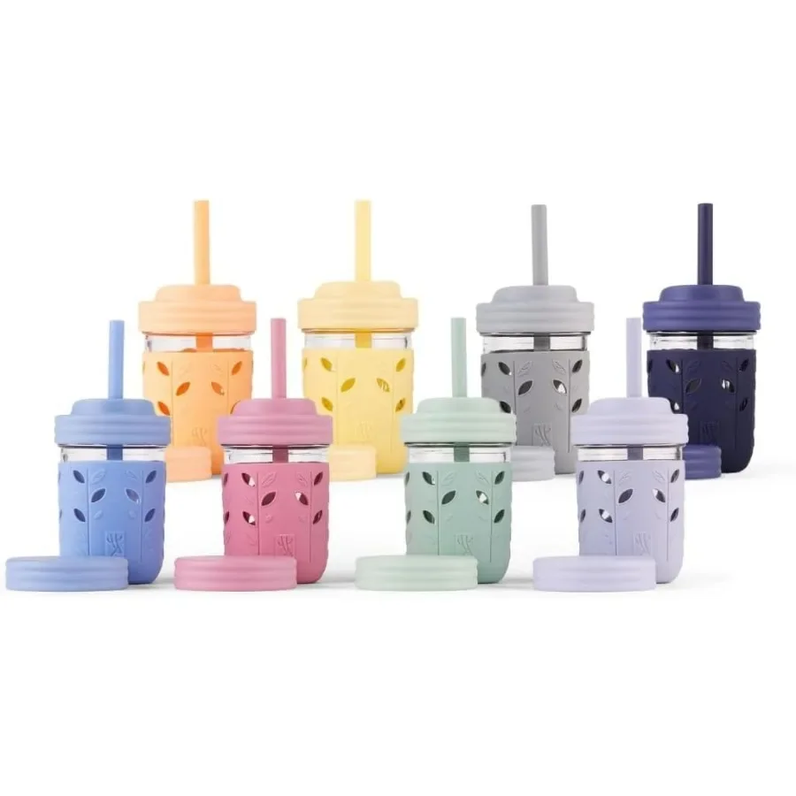

and Toddler Glass Cups for Daily Use 8oz Original Glass Mason Jar with Protective Sleeves and Secure Lids Includes Silicone Str