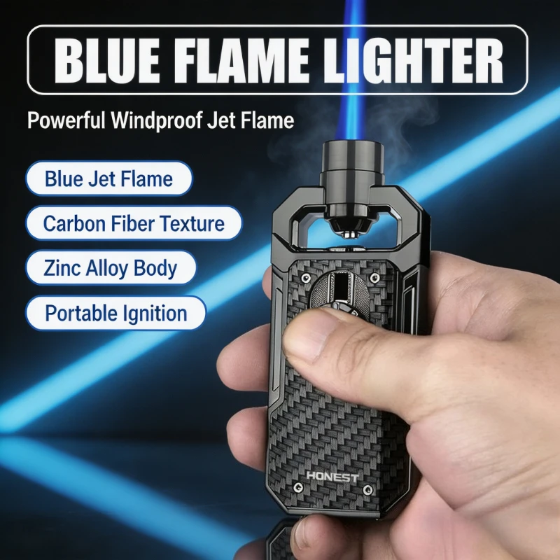 HONEST Blue Flame Gas Lighter, Creative Metal Lighter With Visible Gas Window, Recyclable Inflation Ignition Tool