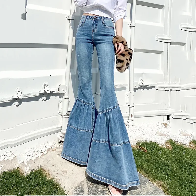 Flare Jeans Women Pant Fringed Tassels Split Slim Jeans Ladies Stretchy Pants High Waist Denim Pants