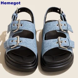 Platforma Denim Belt Buckle Sandal 2024 Summer Open Toe Flat Outdoor Casual Sports Roman Sandals Fashion Women Back Strap Sandals