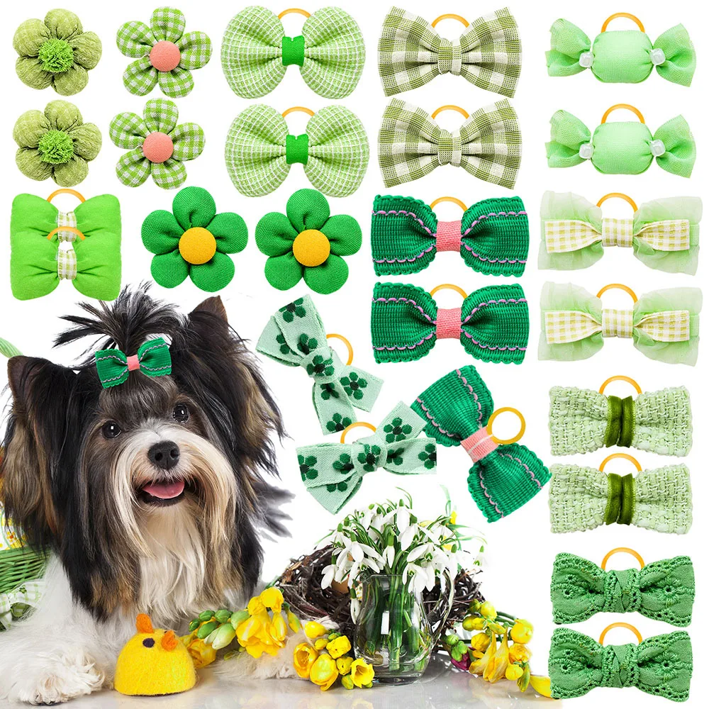 New Puppy Bows 10/20/30PCS St. Patrick's Day Dog Bows With Rubber Bands Green Style Cat Bowknots Handmade Pet Supplies For Dogs