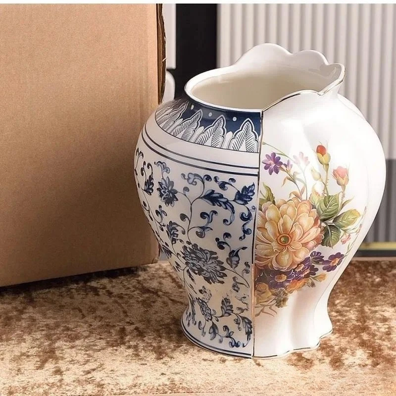 SCYChinese and Western splicing golden vase flower arrangement light luxury ceramic dining table home advanced creative ornament